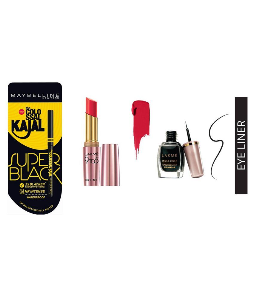 Lakme 9 To 5 Creme Lipstick Red+Maybelline Kajal Black + Eyeliner Pack