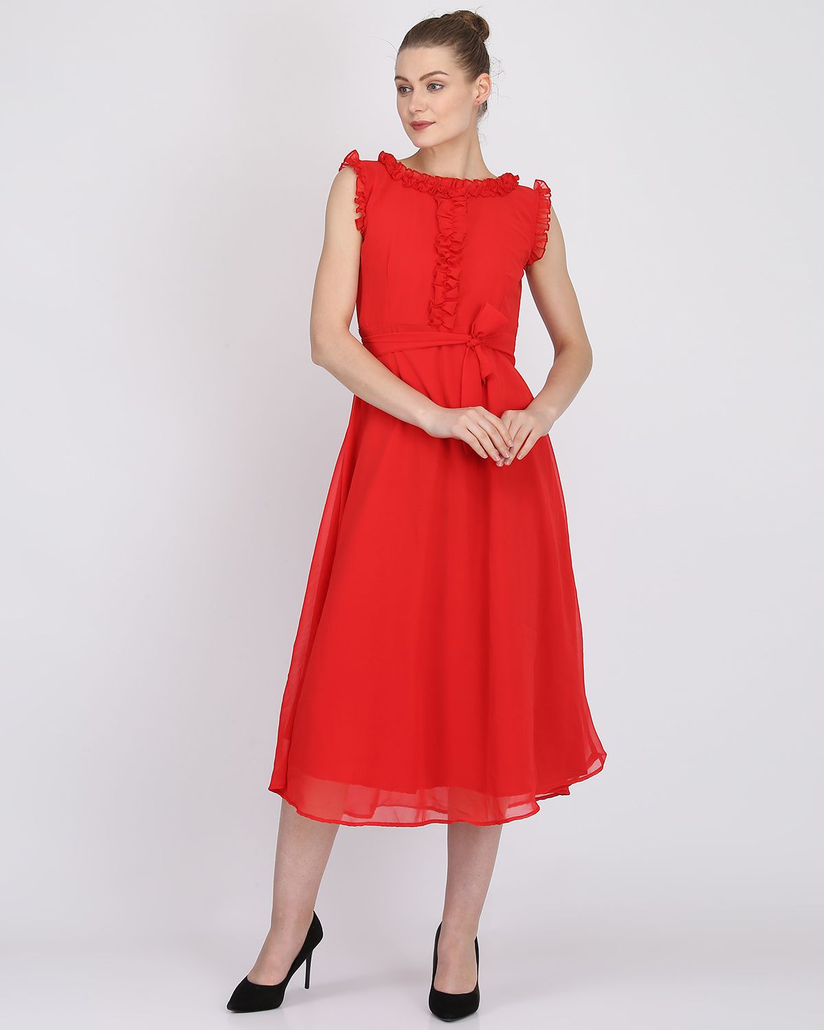 Raghumaya Georgette Red Fit And Flare Dress