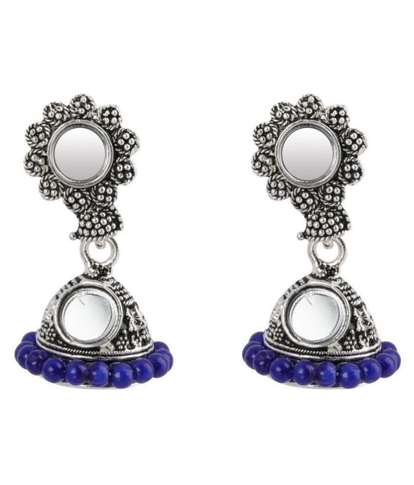     			Silver Shine Appealing Blue Mirror with Beads Jhumki Earrings.