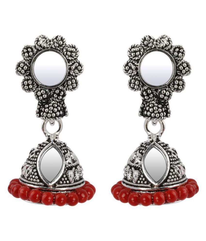     			Silver Shine Lovely Red Mirror with Beads Jhumki Earring.
