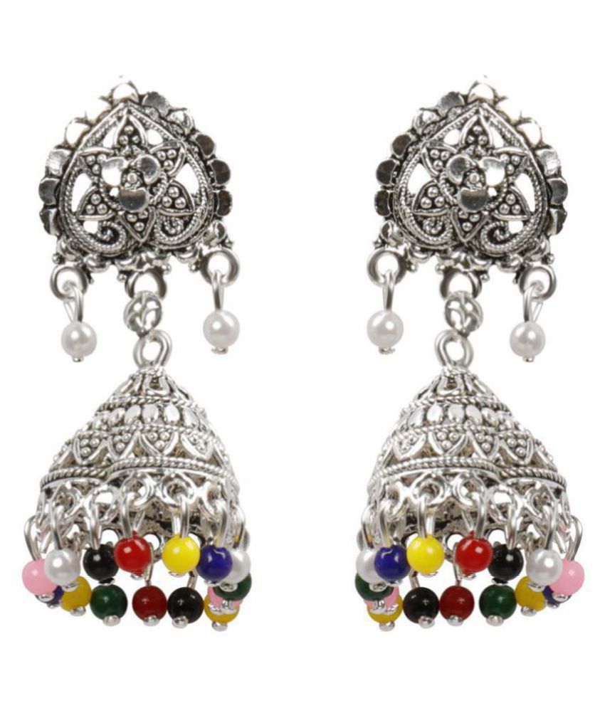     			Silver Shine Alluring Multicolor Flower and Beads Jhumki Earrings.