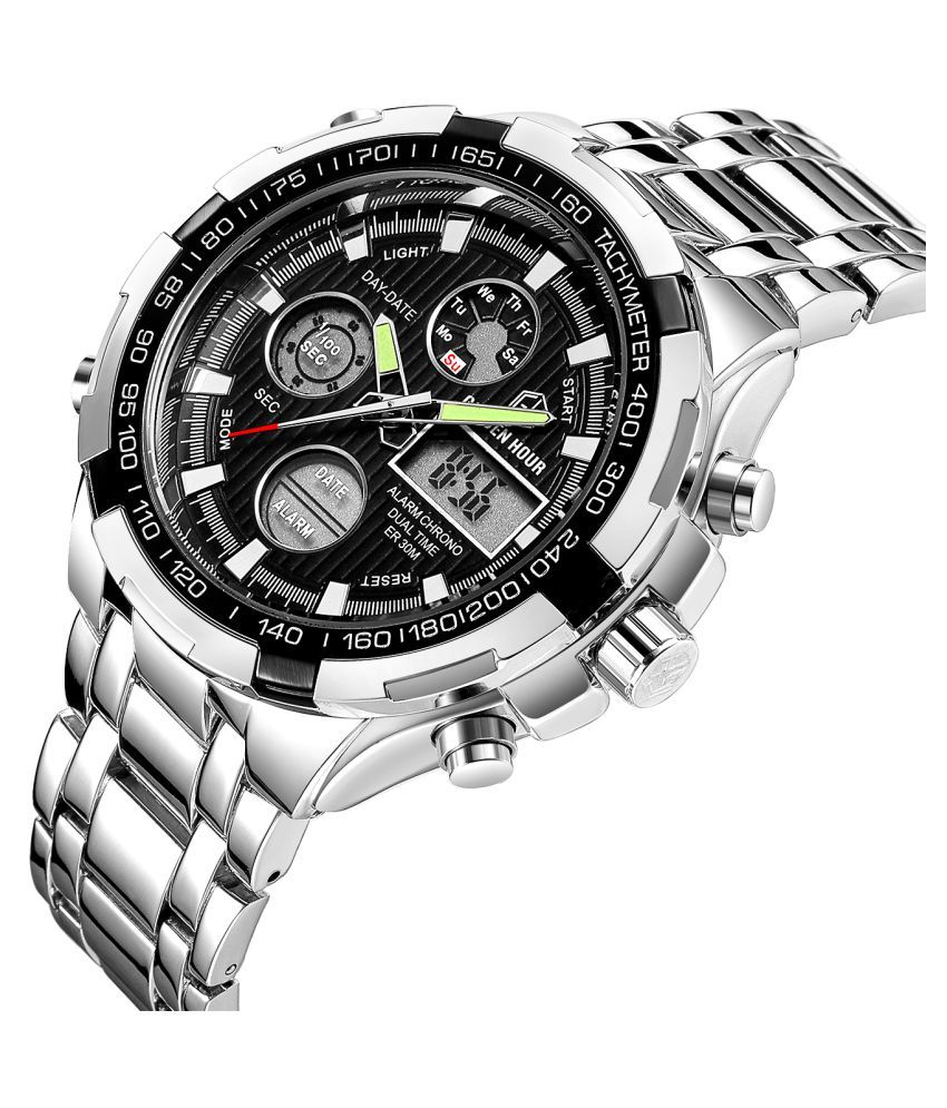 Golden Hour (GH-108-SLV-BLK) Stainless Steel Chronograph Men's Watch ...