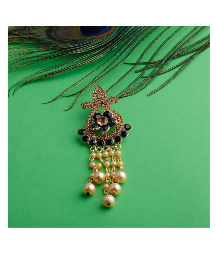    			Silver Shine Traditional Gold Plated Antique Bottle Green Colour Diamond Studded Pearl Drop Designer Wedding Brooch For Unisex Jewellery