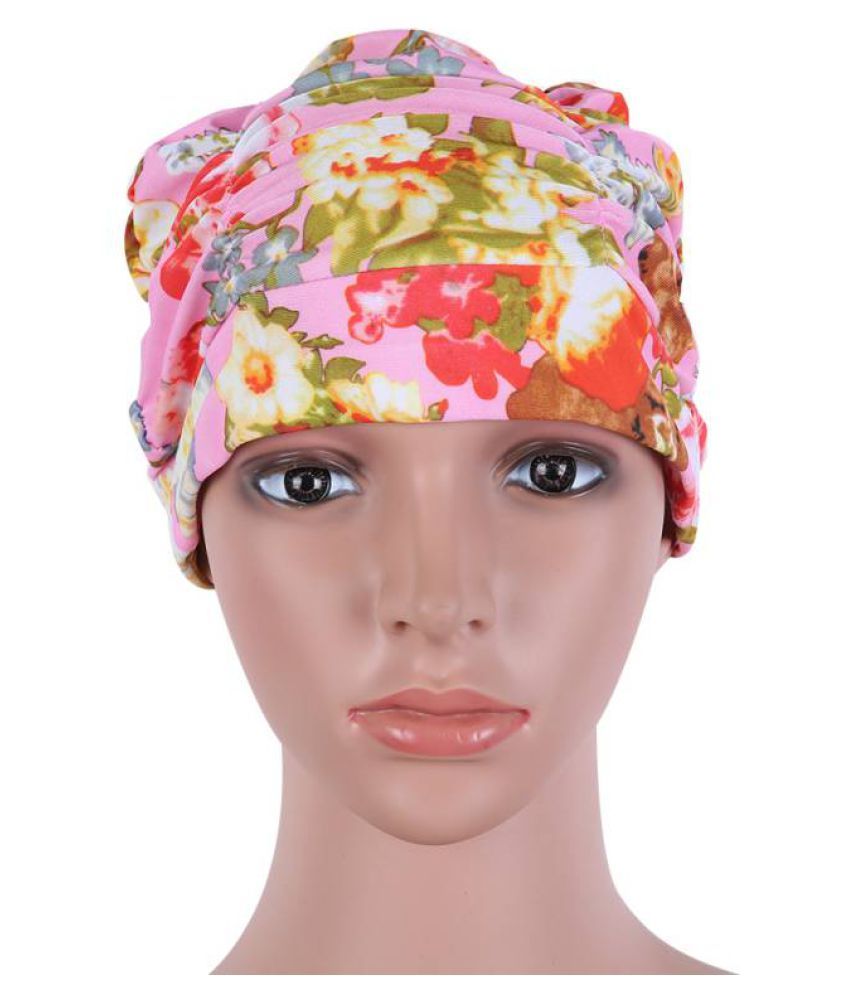 Women Swimming Cap Long Hair Printed Polyester Flexible Elastic