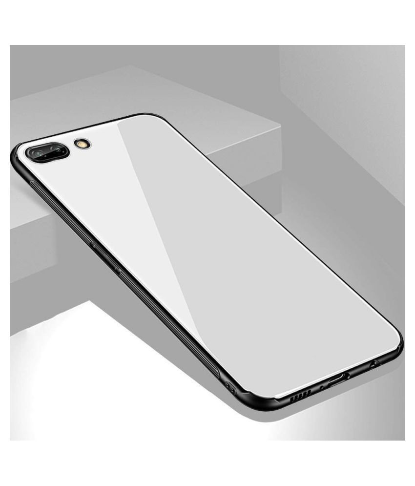 Realme C2 Mirror Back Covers Kosher Traders White 360° Luxurious Toughened Glass Back Case
