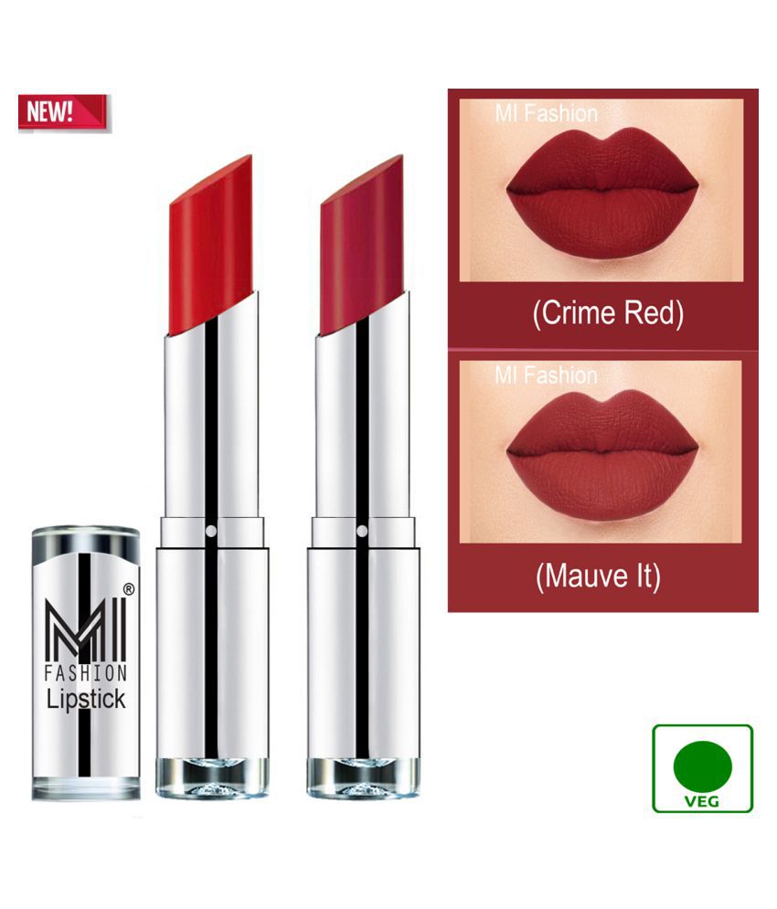     			MI FASHION 100% Veg Soft Matte Long Stay Lipstick Combo Red,Mauve Multi Pack of 2 7 g