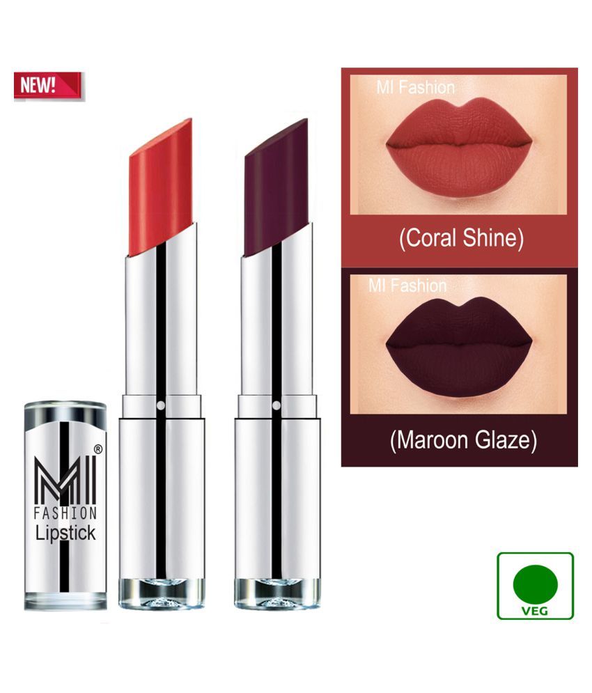     			MI FASHION 100% Veg Soft Matte Long Stay Lipstick Combo Coral,Maroon Multi Pack of 2 7 g