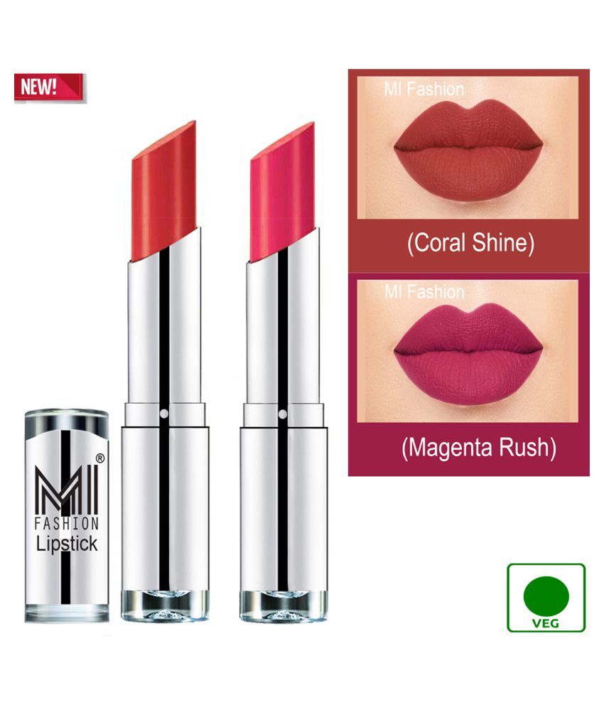     			MI FASHION 100% Veg Soft Matte Long Stay Lipstick Combo Coral,Magenta Multi Pack of 2 7 g