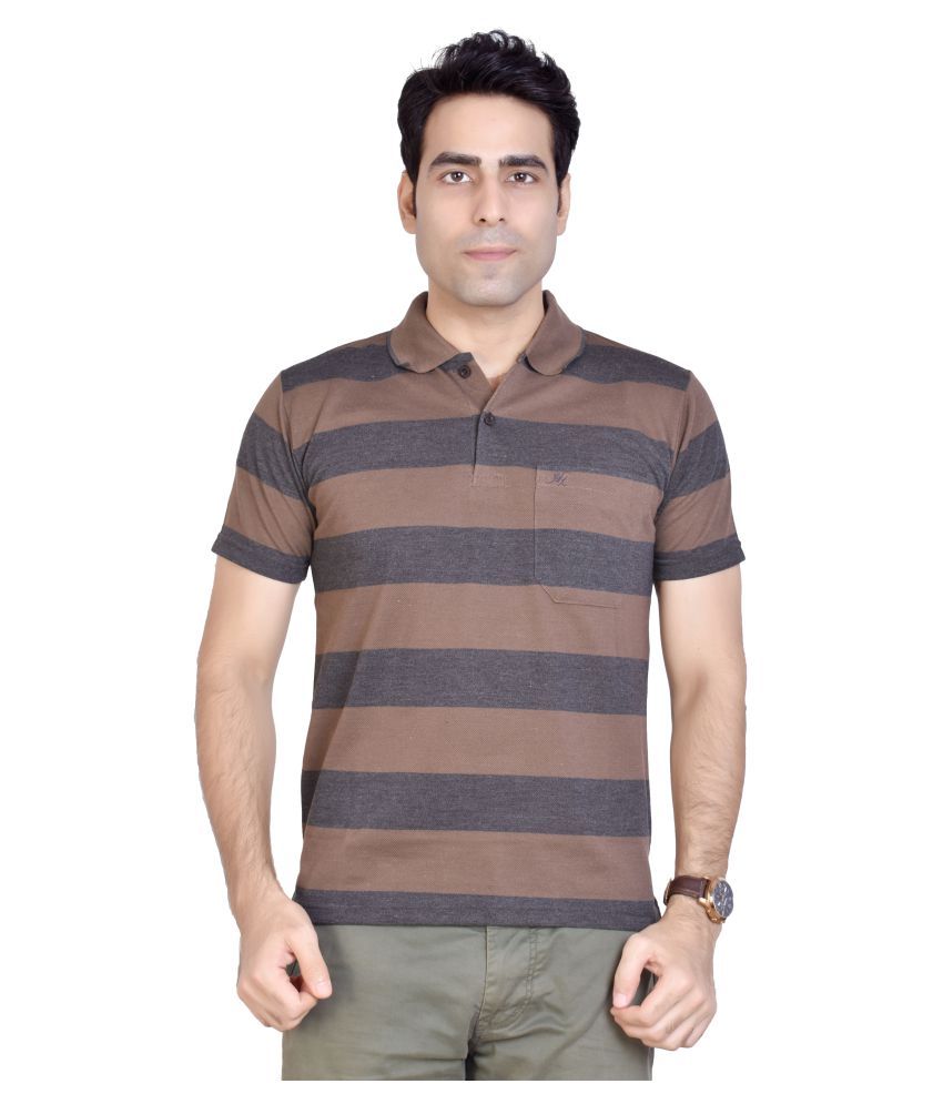     			Awack Cotton Blend Grey Stripers Polo T Shirt