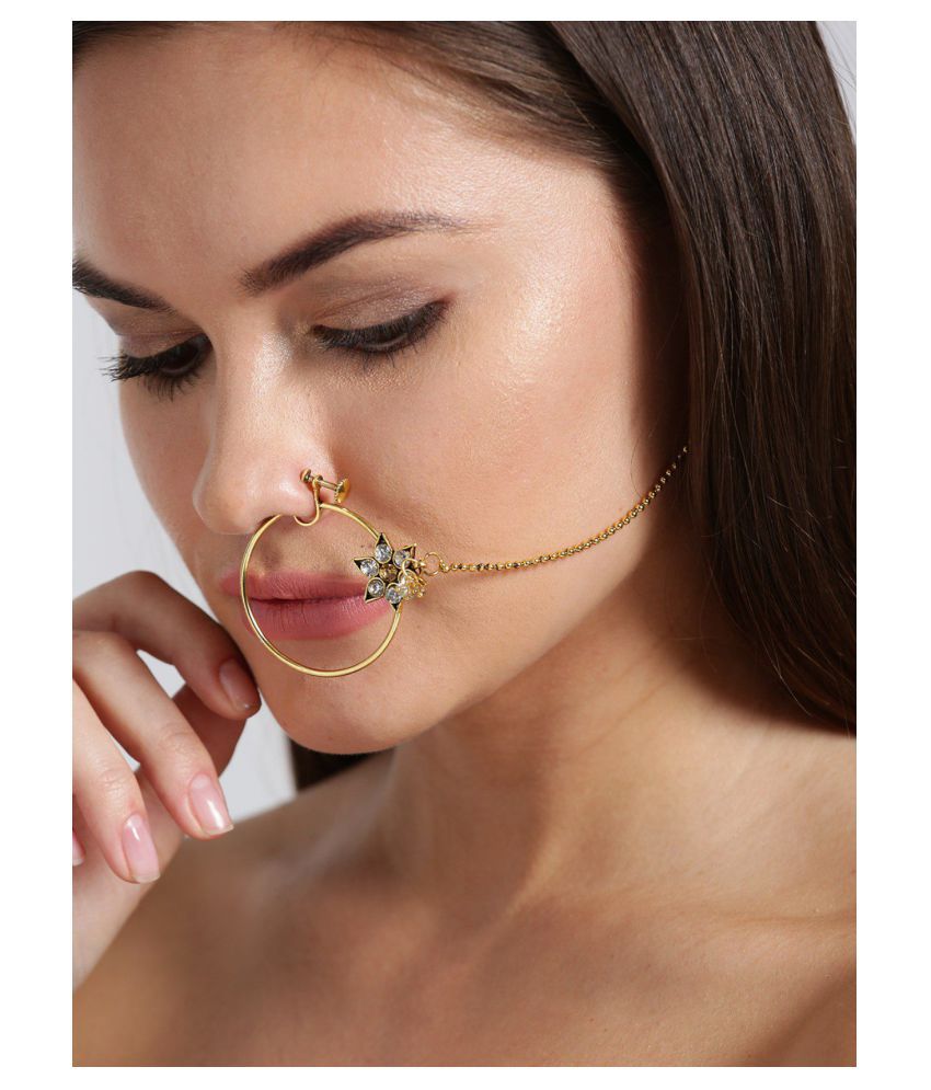 Priyaasi traditional Gold Plated Kundan Nose Ring/Nath with Pearl Chain For Women/Girls