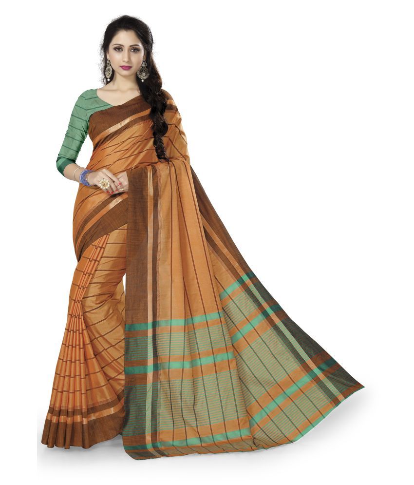     			FABMORA Green,Orange Cotton Blend Saree