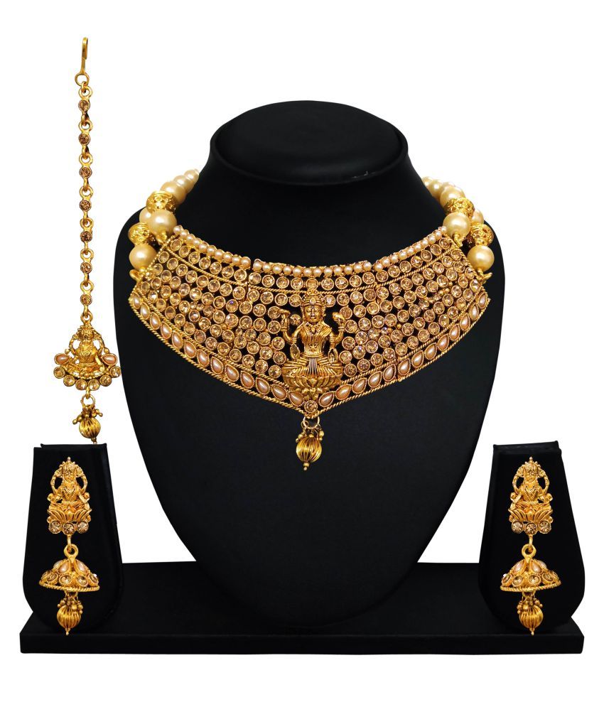 CAJ Brass Golden Choker Traditional 12kt Gold Plated Necklaces Set