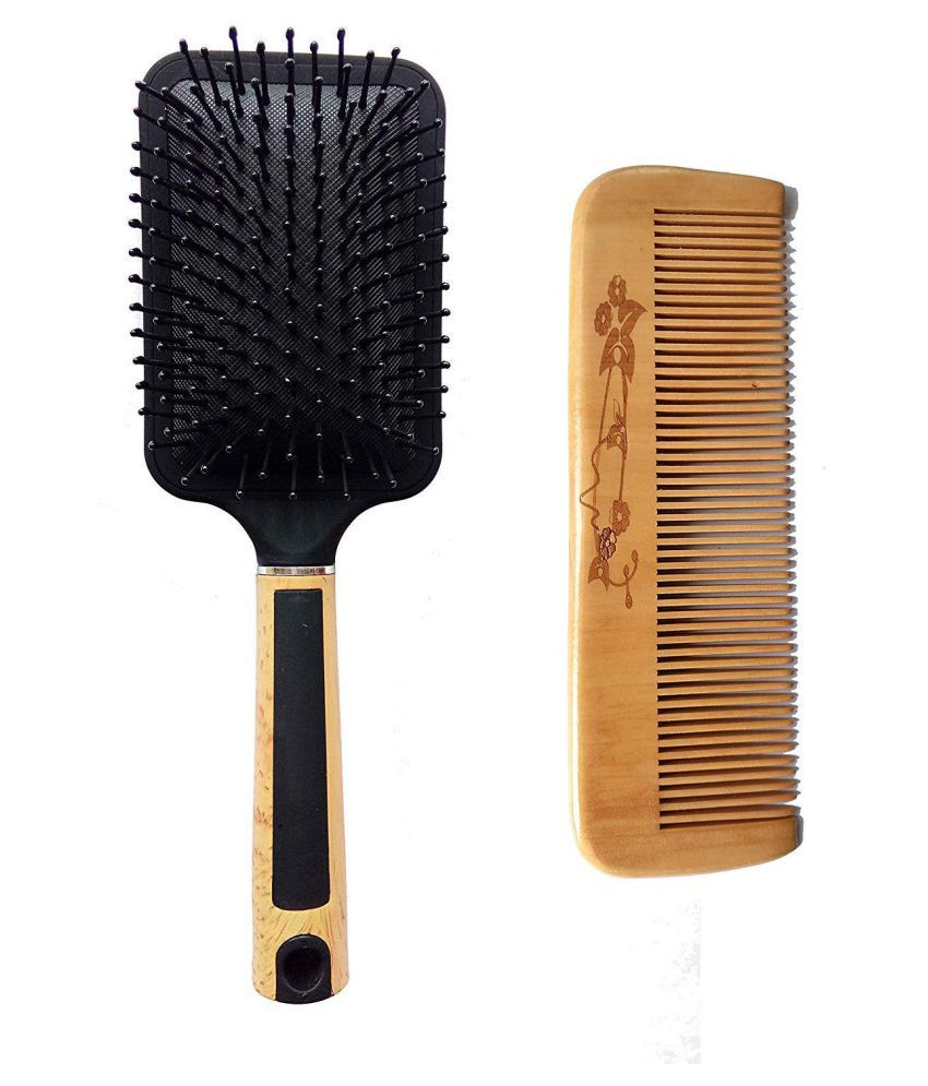 Focus Imported Wooden Flat Hair Brush With Comb Set For Hair