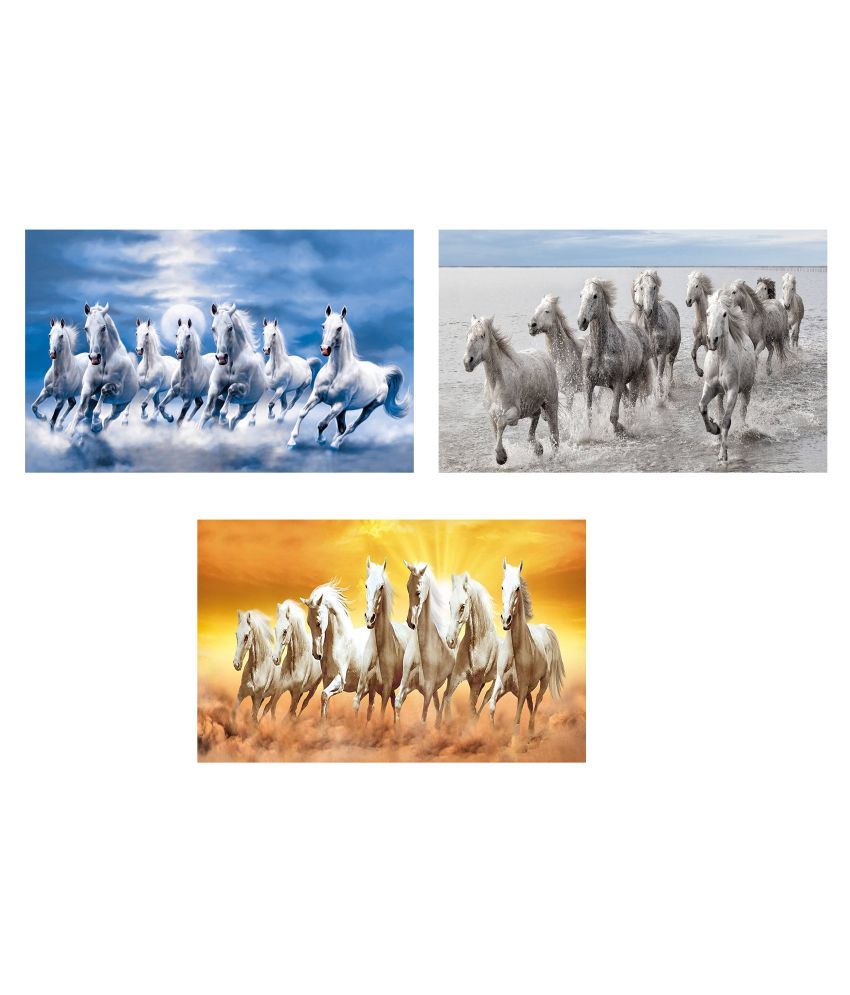 Yellow Alley Vastu Seven HorsesRunning horses Poster combo Paper Wall