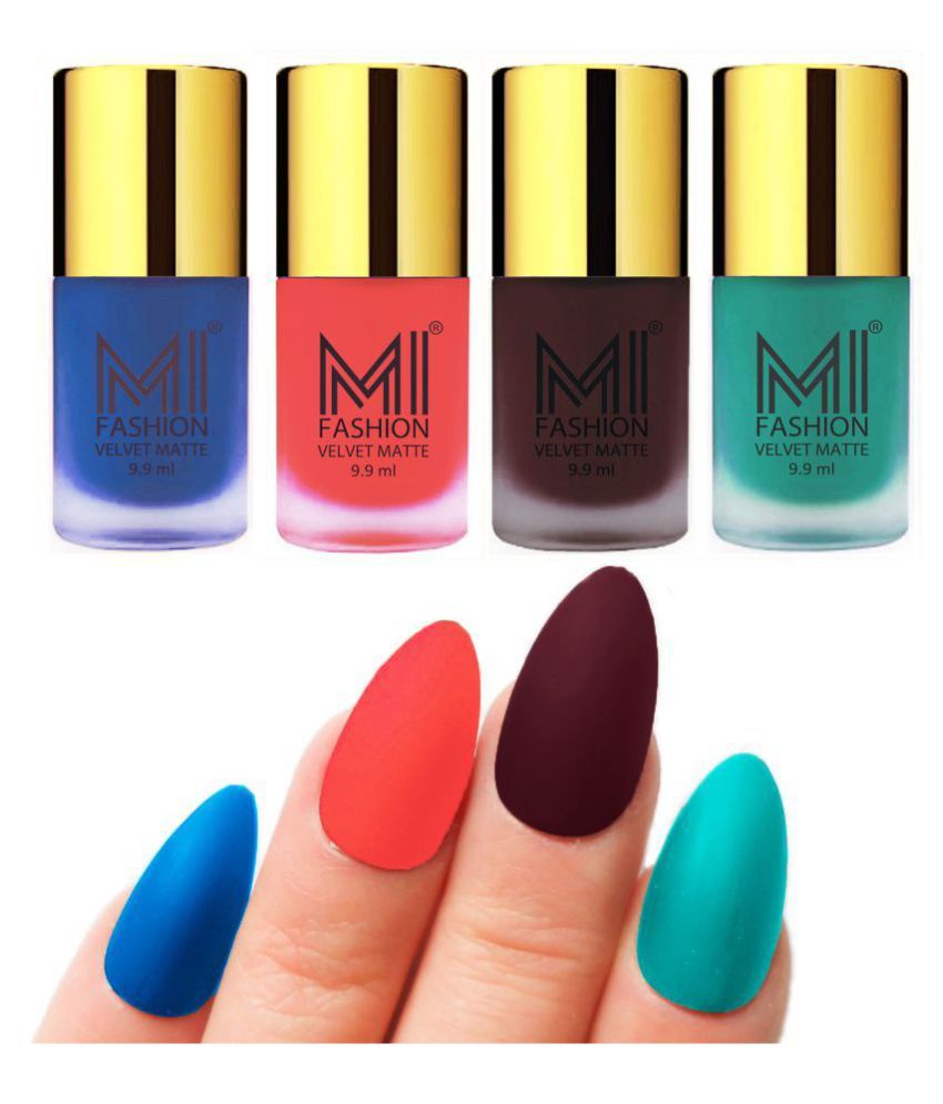     			MI FASHION Matte Nail Paint Set Combo Orange Nail Polish Navy Blue,Sky Blue  Wine Matte Pack of 4 40 mL