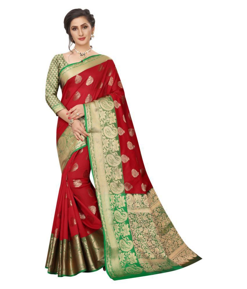 red and green banarasi silk saree