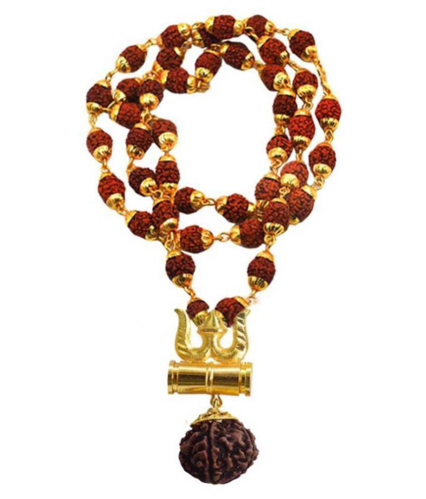     			Green spiritual Trishul Damru Locket With Puchmukhi Rudraksha Mala Gold-plated Brass, Wood