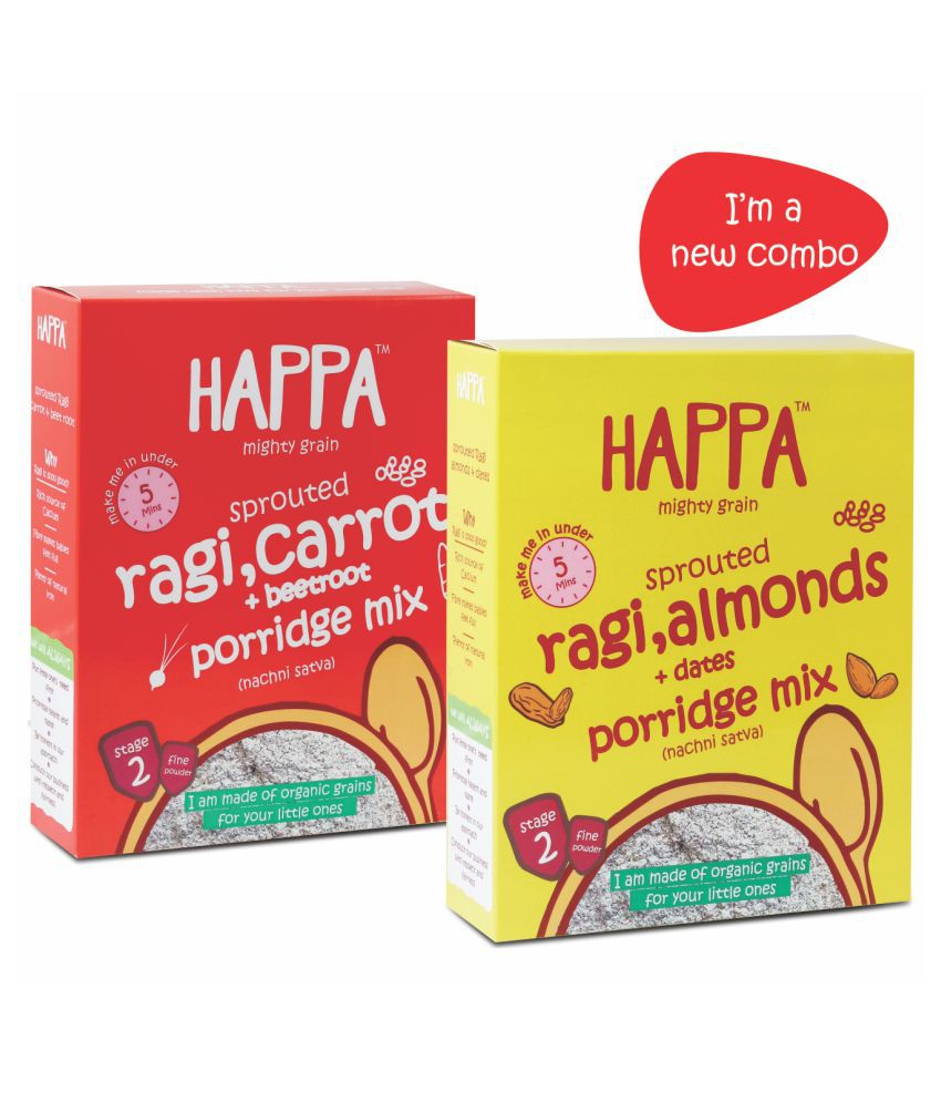 Happa Ragi Almond Dates & Ragi Carrot Beetroot Infant Cereal for 6 Months + ( 400 gm ) Pack of 2