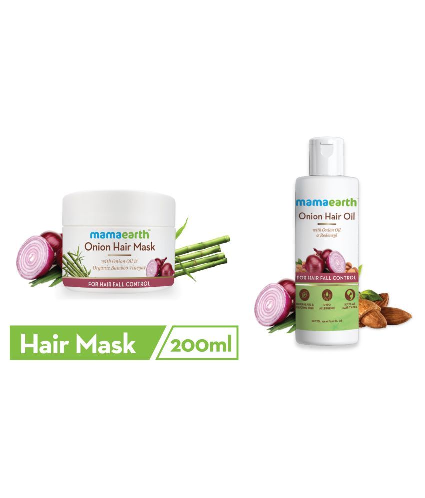     			Mamaearth's Onion Hair Mask For Dry & Frizzy Hair, Controls Hairfall and Boosts Hair Growth, With Onion & Organic Bamboo Vinegar\n200ml Onion Oil for Hair Regrowth & Hair Fall Control with Redensyl 150ml