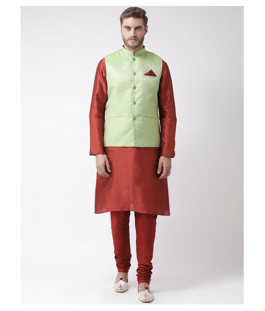     			Deyann Green Silk Blend Kurta Pyjama Set