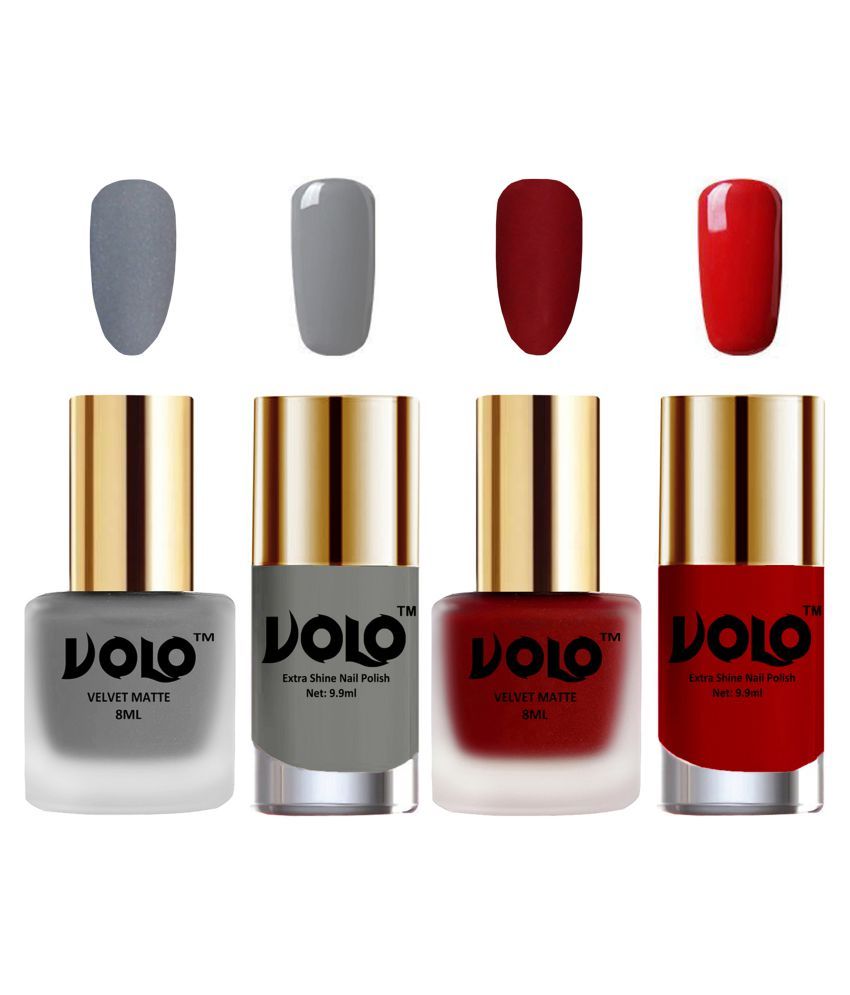     			VOLO Extra Shine AND Dull Velvet Matte Nail Polish Grey,Red,Grey, Red Matte Pack of 4 36 mL