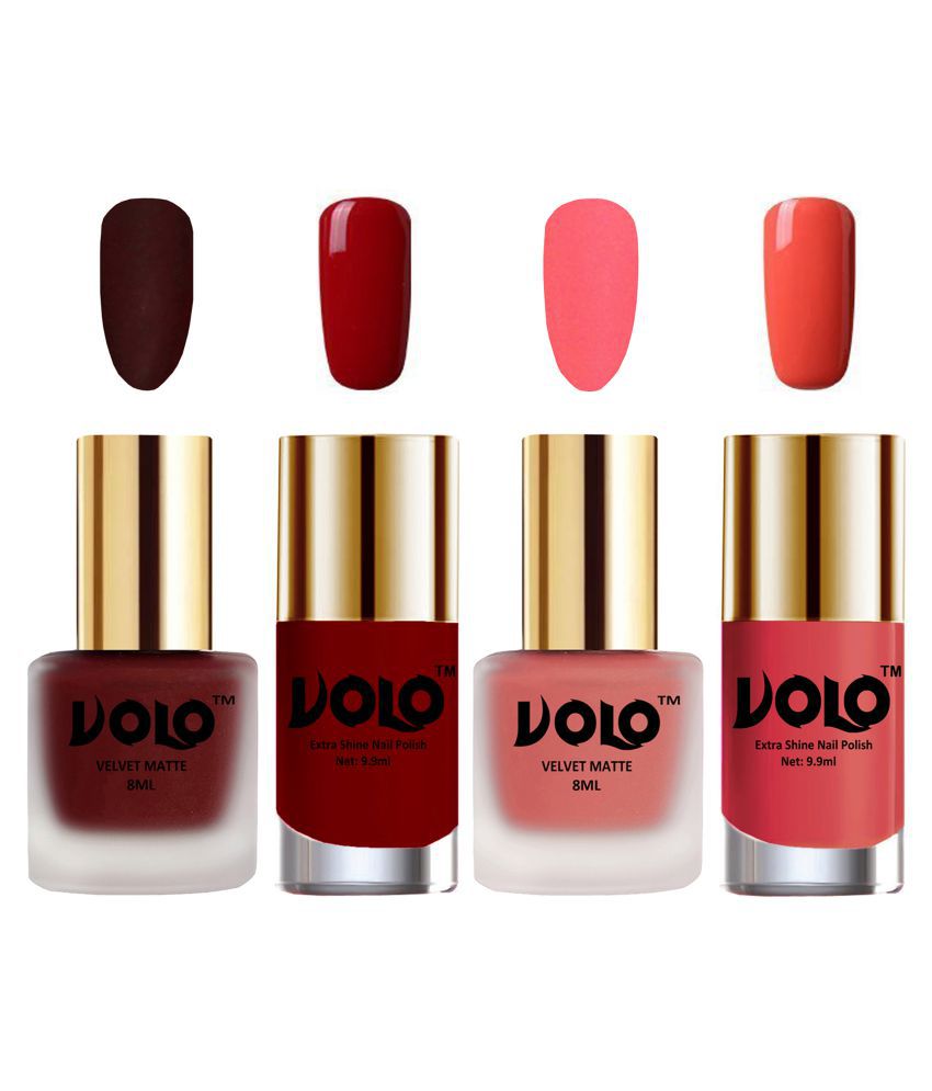     			VOLO Extra Shine AND Dull Velvet Matte Nail Polish Maroon,Peach,Red, Coral Matte Pack of 4 36 mL
