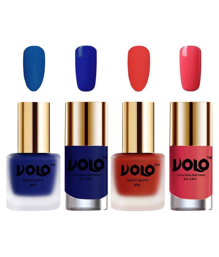     			VOLO Extra Shine AND Dull Velvet Matte Nail Polish Blue,Coral,Blue, Pink Matte Pack of 4 36 mL