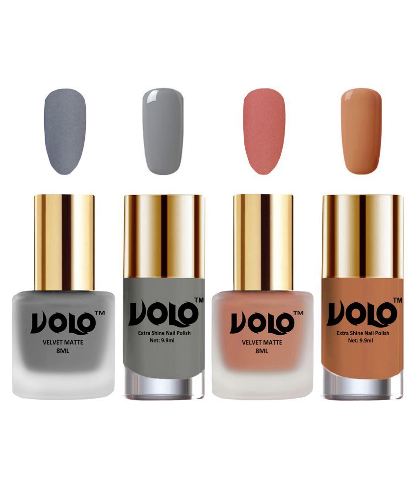     			VOLO Extra Shine AND Dull Velvet Matte Nail Polish Grey,Peach,Grey, Nude Matte Pack of 4 36 mL