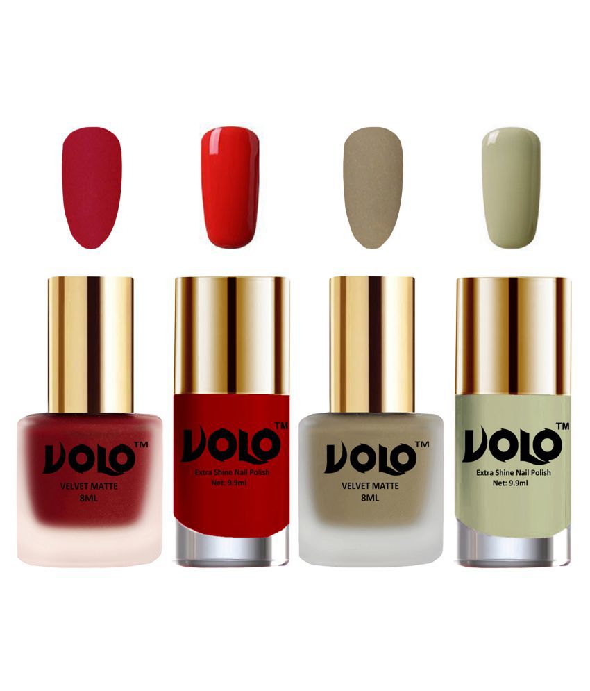     			VOLO Extra Shine AND Dull Velvet Matte Nail Polish Red,Nude,Orange, Grey Matte Pack of 4 36 mL