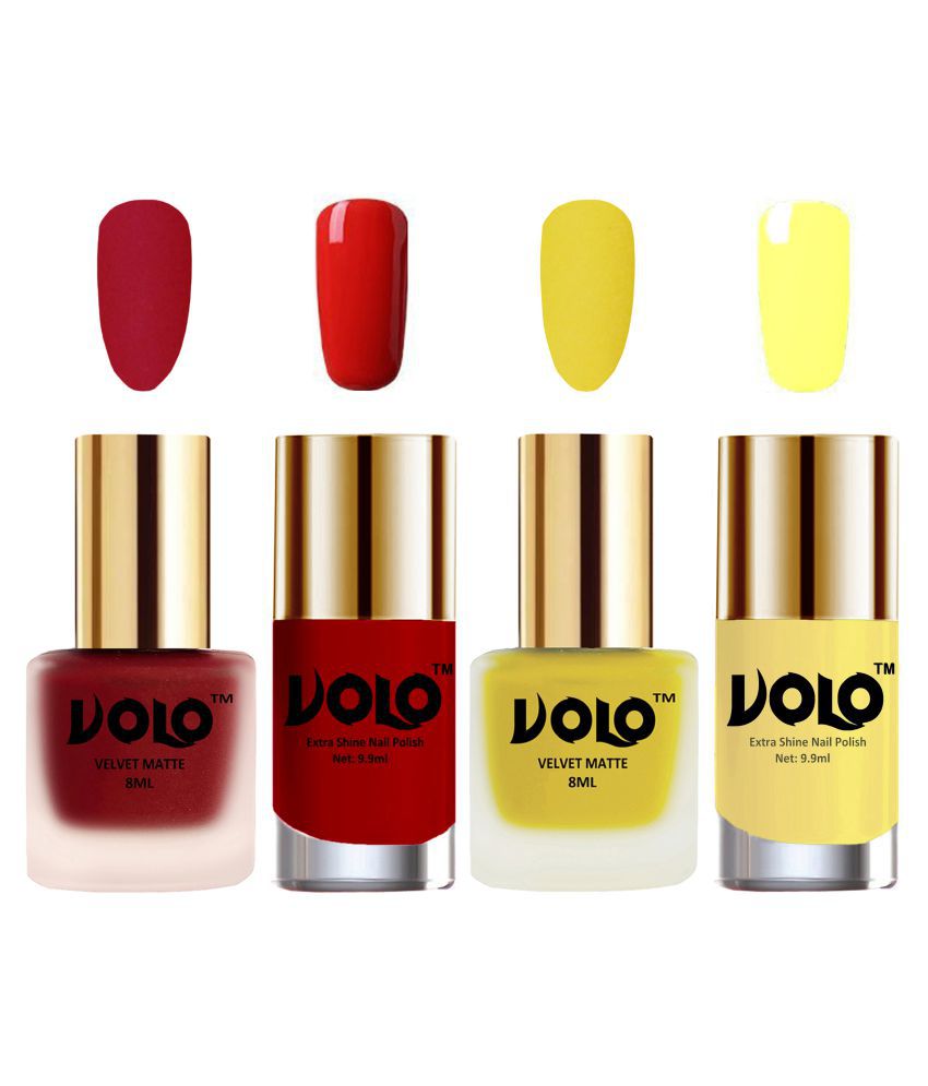     			VOLO Extra Shine AND Dull Velvet Matte Nail Polish Red,Yellow,Orange, Yellow Glossy Pack of 4 36 mL