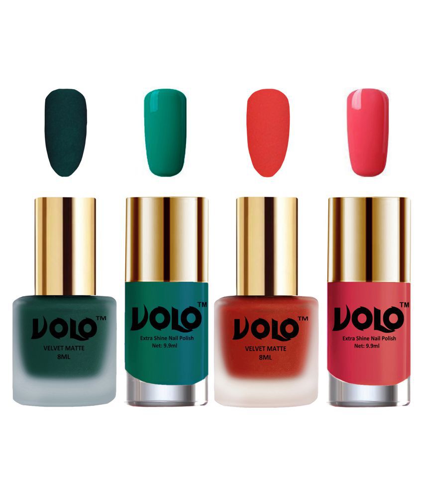     			VOLO Extra Shine AND Dull Velvet Matte Nail Polish Green,Coral,Green, Pink Glossy Pack of 4 36 mL