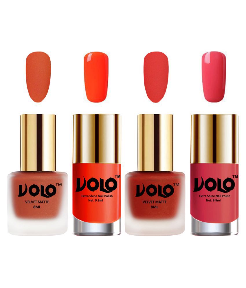     			VOLO Extra Shine AND Dull Velvet Matte Nail Polish Orange,Coral,Coral, Pink Glossy Pack of 4 36 mL
