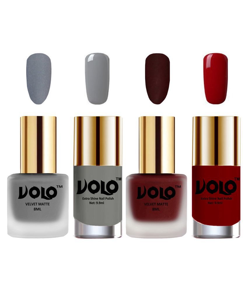     			VOLO Extra Shine AND Dull Velvet Matte Nail Polish Grey,Maroon,Grey, Red Glossy Pack of 4 36 mL
