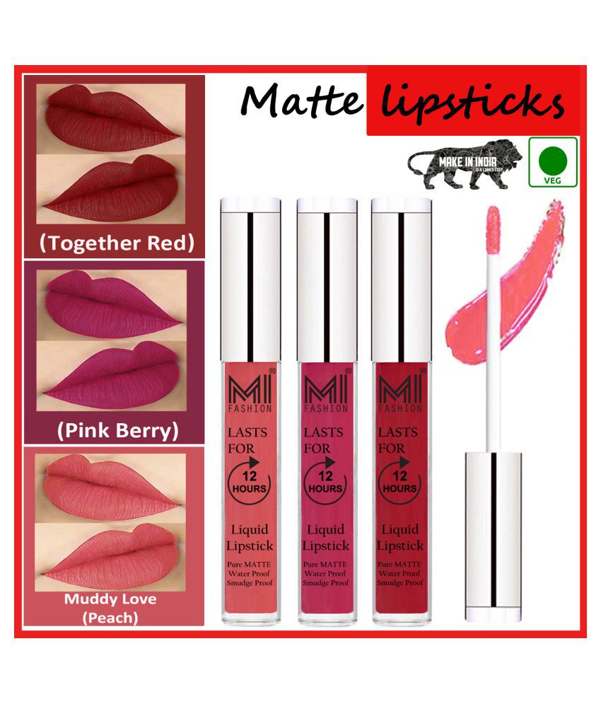     			MI FASHION Long Lasting Matte Veg Lips Liquid Lipstick Peach,Red Pink Pack of 3 9 mL