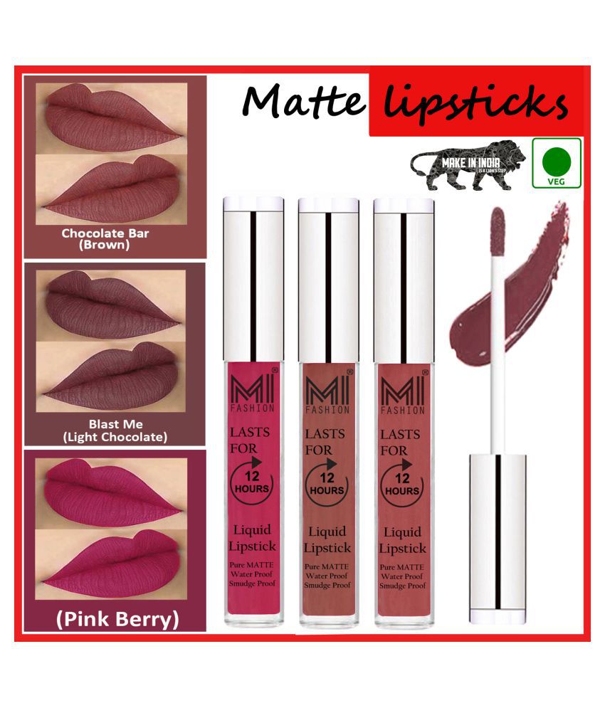     			MI FASHION Long Lasting Matte Veg Lips Liquid Lipstick Chocolate,Brown Ruby Pink Pack of 3 9 mL