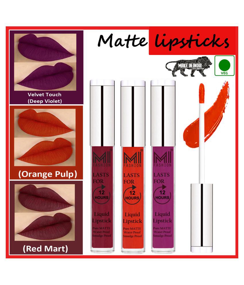     			MI FASHION Long Stay Kiss Proof Matte Lip Liquid Lipstick Orange,Violet Red Pack of 3 9 mL