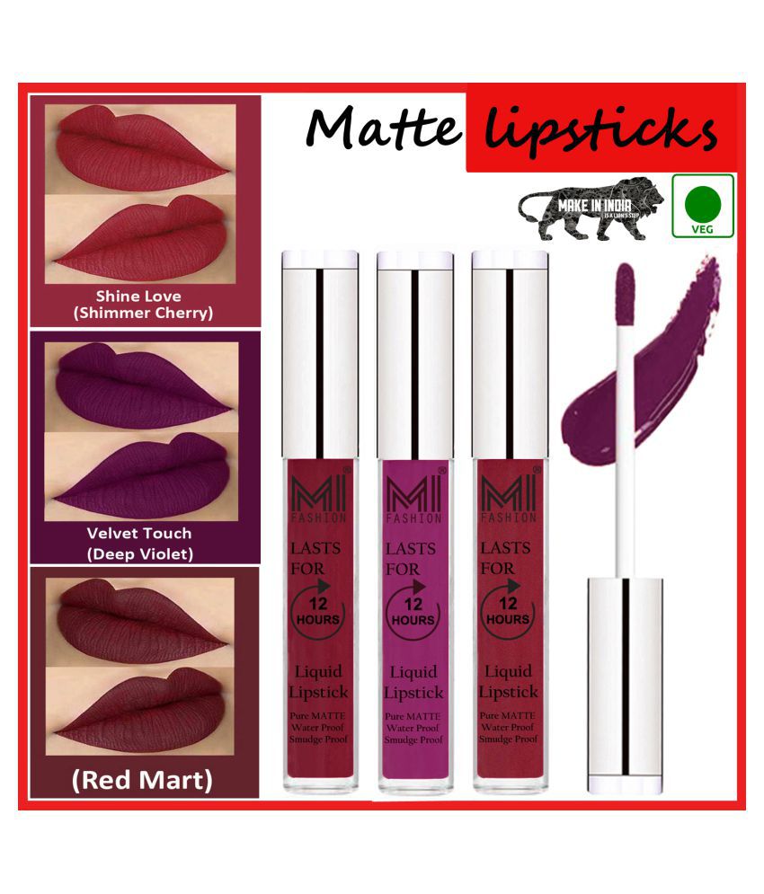     			MI FASHION Long Stay Kiss Proof Matte Lip Liquid Lipstick Violet,Cherry Red Red Pack of 3 9 mL