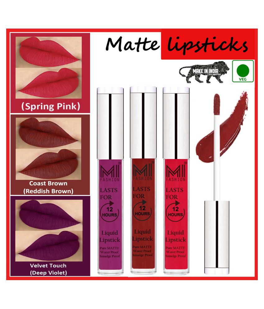     			MI FASHION Long Stay Kiss Proof Matte Lip Liquid Lipstick Red Brown,Pink Purple Pack of 3 9 mL