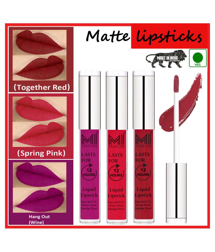     			MI FASHION Long Stay Kiss Proof Matte Lip Liquid Lipstick Pink,Red Wine Pack of 3 9 mL
