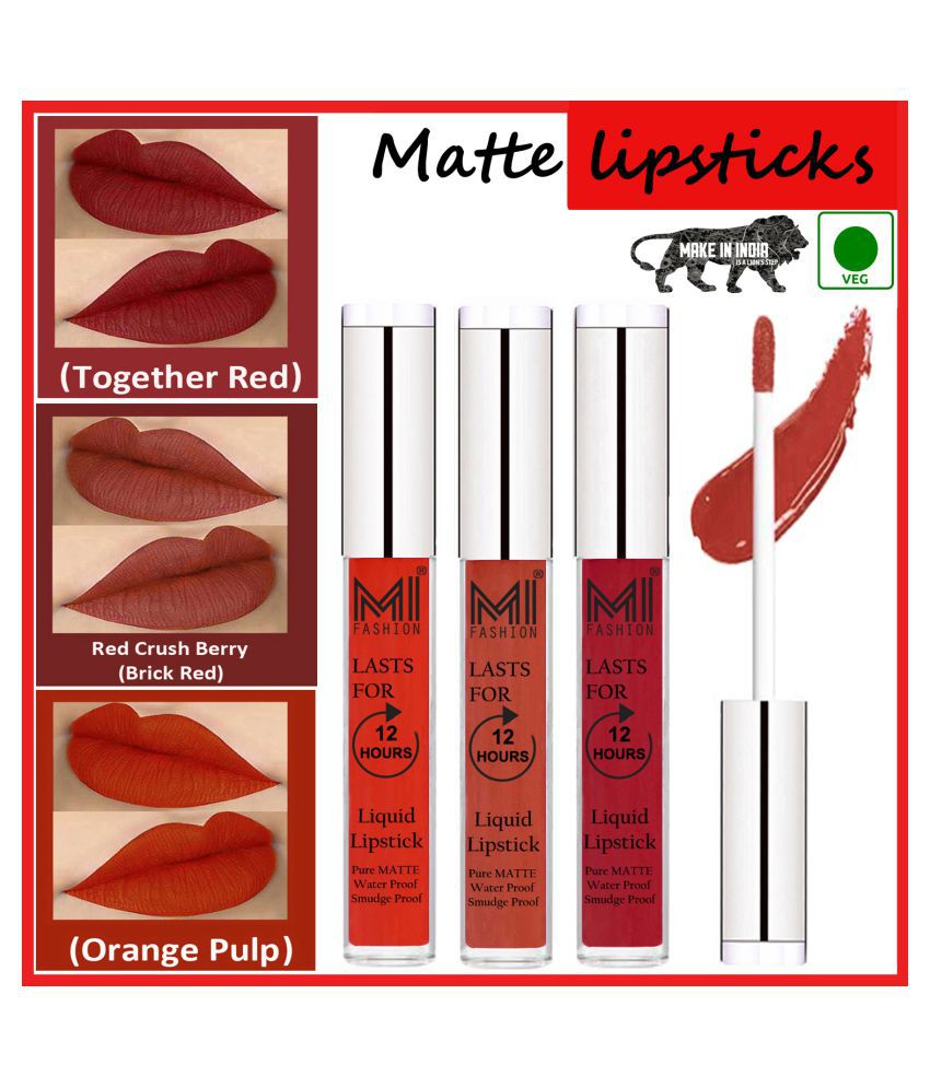    			MI FASHION Long Stay Made in India Matte Liquid Lipstick Brick Red,Red Orange Pack of 3 9 mL
