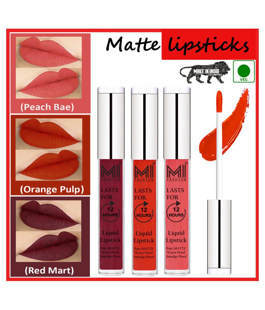    			MI FASHION Long Stay Made in India Matte Liquid Lipstick Orange,Peach Red Pack of 3 9 mL