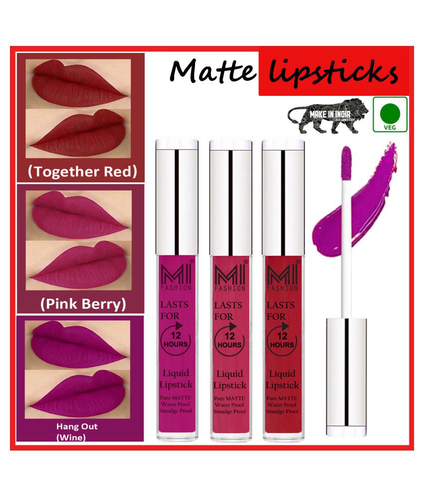     			MI FASHION Long Stay Made in India Matte Liquid Lipstick Wine,Red Ruby Pink Pack of 3 9 mL