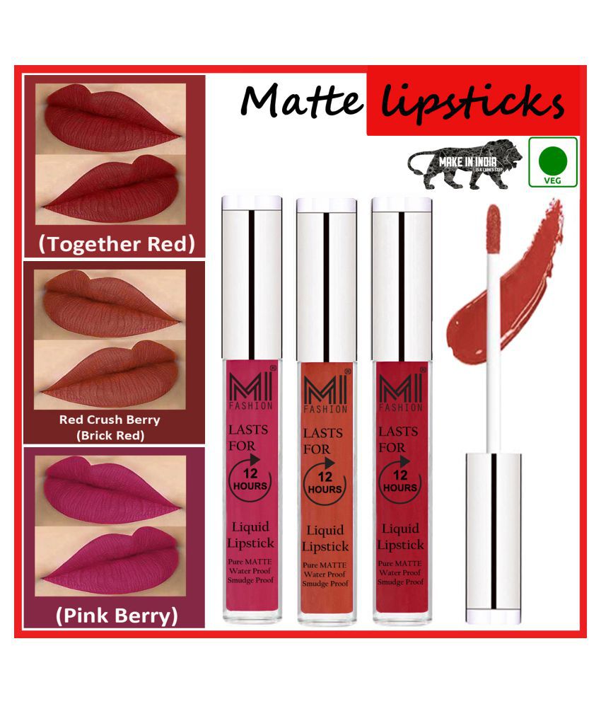     			MI FASHION Matte Lip Waterproof Long Stay Liquid Lipstick Brick Red,Red Hot Pink Pack of 3 9 mL