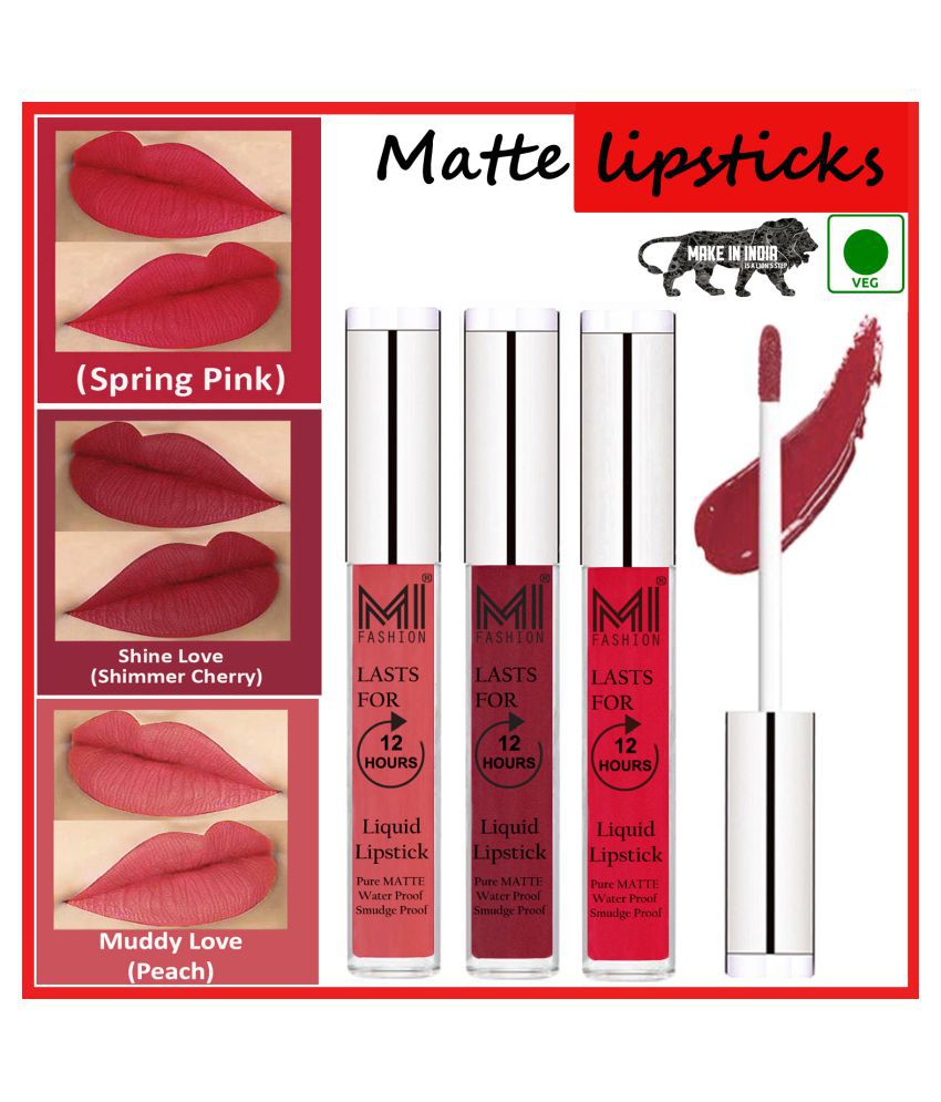     			MI FASHION Matte Lip Waterproof Long Stay Liquid Lipstick Cherry Red,Pink Peach Pack of 3 9 mL