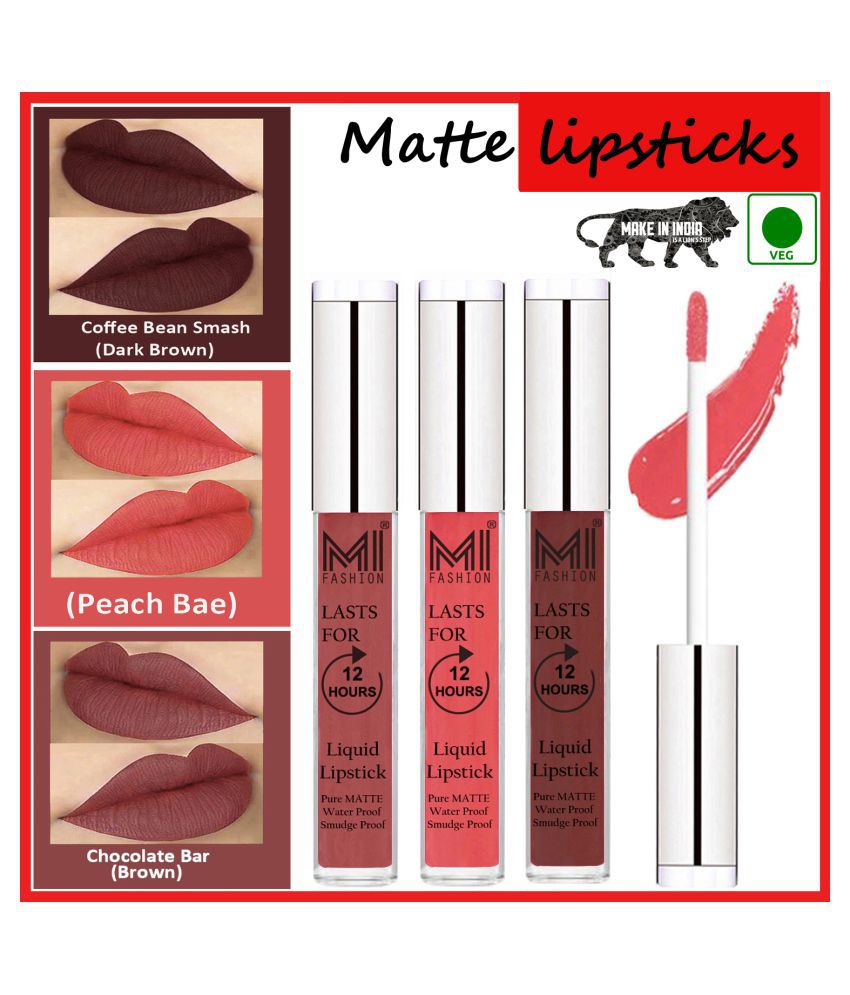     			MI FASHION Matte Lips Intens Color Payoff Liquid Lipstick Peach,Coffee Brown Pack of 3 9 mL