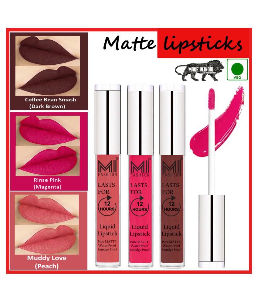     			MI FASHION Matte Lips Intens Color Payoff Liquid Lipstick Pink,Coffee Peach Pack of 3 9 mL