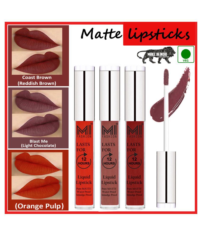     			MI FASHION Matte Lips Intens Color Payoff Liquid Lipstick Chocolate,Red Brown Orange Pack of 3 9 mL