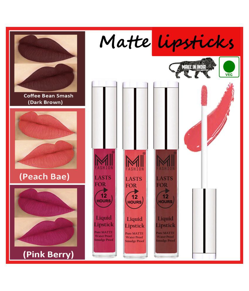     			MI FASHION Matte Lips Intens Color Payoff Liquid Lipstick Peach,Coffee Hot Pink Pack of 3 9 mL