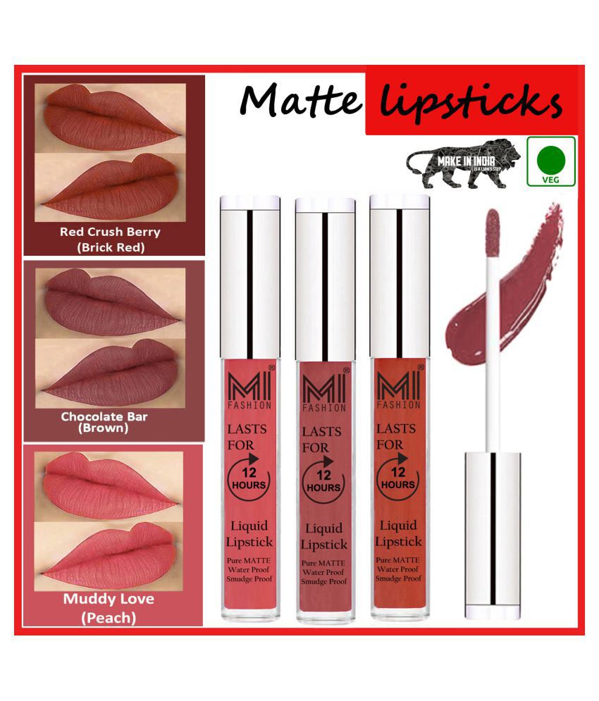     			MI FASHION Matte Lips Intens Color Payoff Liquid Lipstick Brown,Brick Red Peach Pack of 3 9 mL