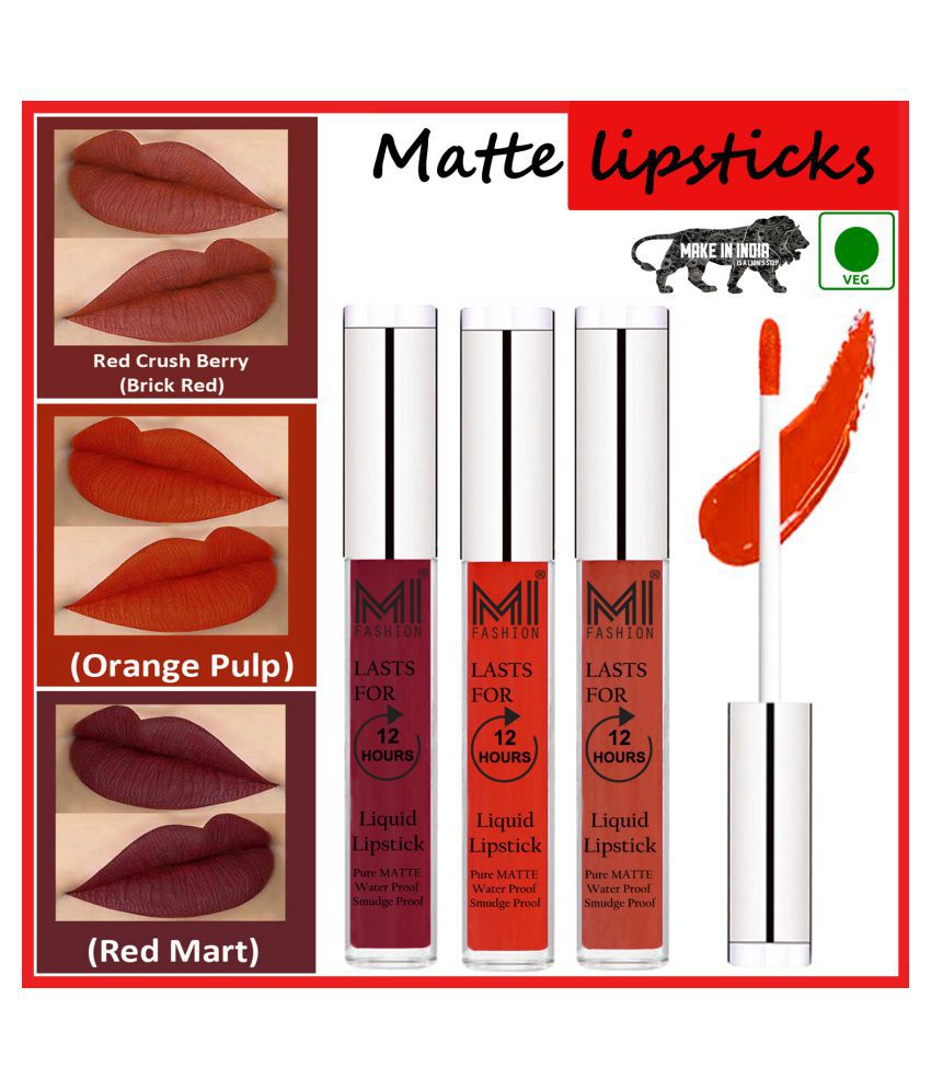     			MI FASHION Matte Lips Intens Color Payoff Liquid Lipstick Orange,Brick Red Red Pack of 3 9 mL
